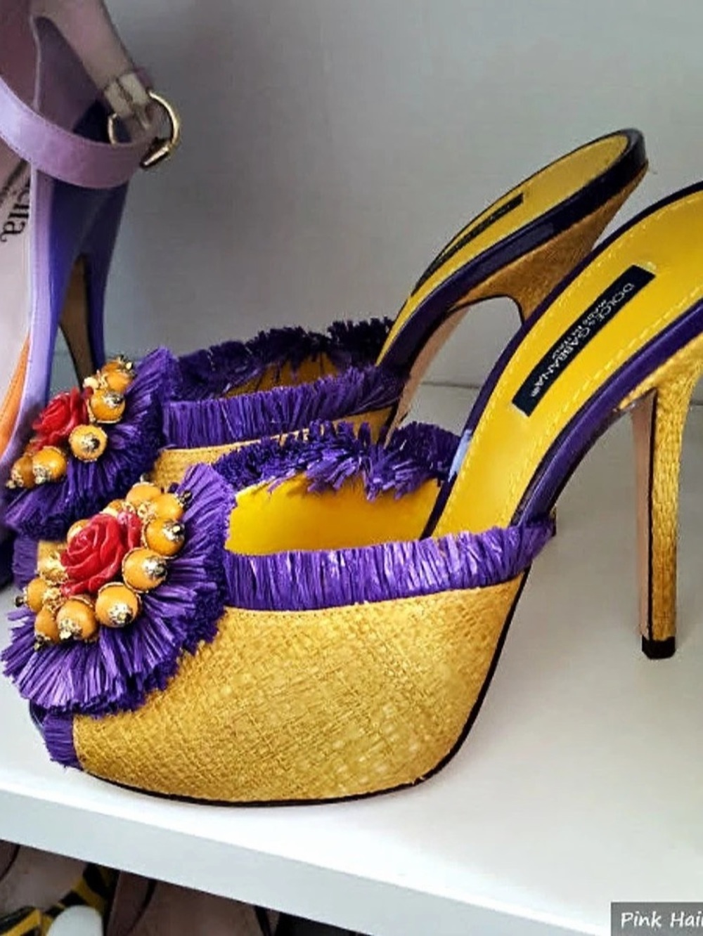 Dolce & Gabbana Raffia Floral Fringe Heels in Yellow & Purple